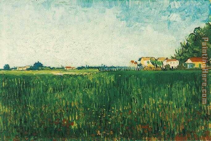 Vincent van Gogh Farmhouses in a Wheat Field Near Arles